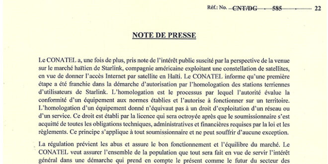 note de presse -CONATEL-Starlink