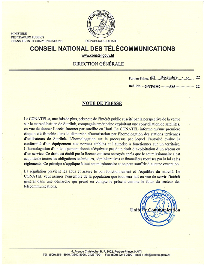 note de presse -CONATEL-Starlink